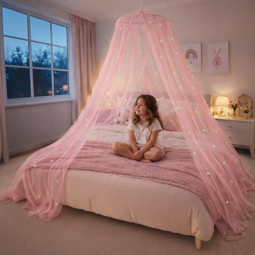 Pink Princess Bed Canopy with LED Star Lights - Fits Twin to Queen Beds