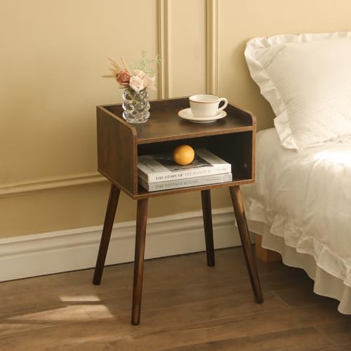Mid-Century Modern Nightstand with 2-Tier Storage and Solid Wood Legs