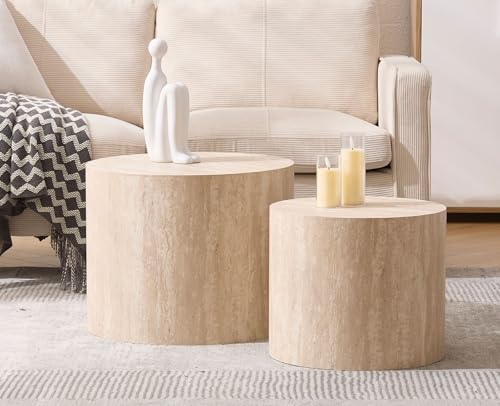 Round Wood Nesting Coffee Table Set of 2 - Minimalist Modern Side Tables