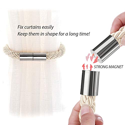 Magnetic Curtain Tiebacks - 2 Pack Decorative Woven Rope Holdbacks, Beige