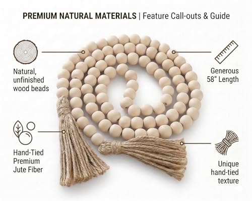 58-Inch Wood Bead Garland with Jute Tassels, Boho Farmhouse Table Decor