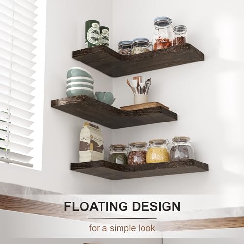 Set of 3 Rustic Floating Corner Shelves - Solid Wood Wall Mount Storage