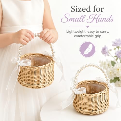 Wicker Flower Girl Basket Set of 2 with Pearl Handle & Bow for Weddings
