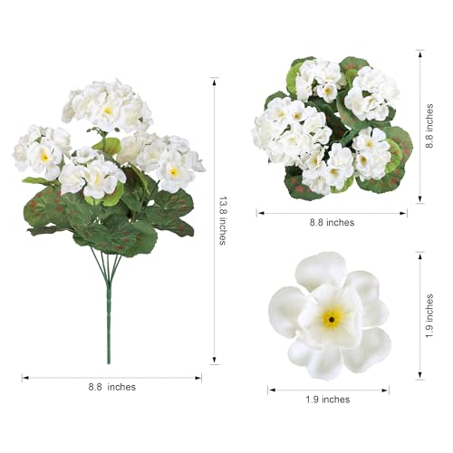 Artificial White Silk Geranium Flowers - UV Resistant Faux Plants (6 Bundles)