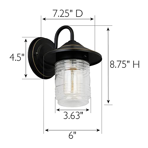 Design House 588558-ORB Classic Jerome Jelly Jar 1-Light Indoor/Outdoor Dimmable Wall Light with Clear Ribbed Glass and Shepard's Hook for Entryway Porch Patio Bedroom Bathroom, Oil Rubbed Bronze