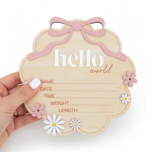 Wooden Baby Birth Announcement Sign - Cloud Shape with Pink Bow