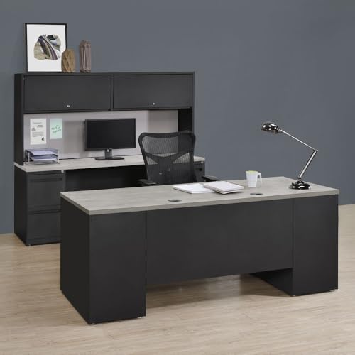 Office Desk Hutch with Integrated Tack Board and Shelving, Gray