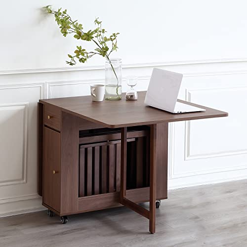 Drop Leaf Folding Dining Table with Storage and Wheels, Walnut