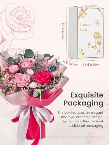 Preserved Real Rose Bouquet with Gift Box - Hot Pink Forever Flowers
