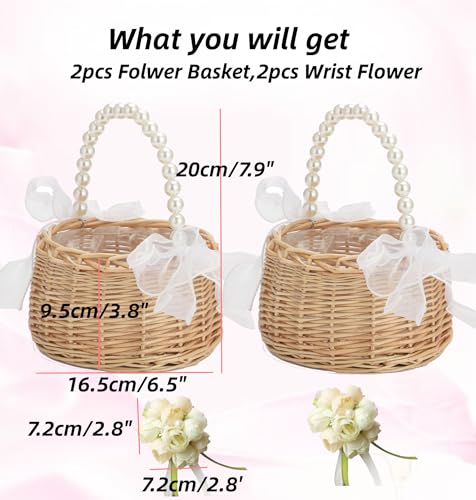 2PCS Wicker Flower Girl Basket and Wrist Corsage Set with Pearl Handle
