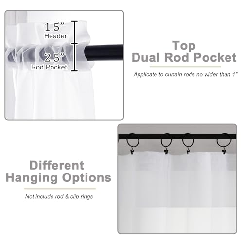 White Sheer Curtains 84 Inches Long - Light Filtering Rod Pocket Set, 2 Panels