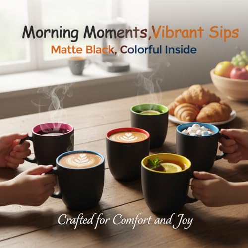 Black Multi-Color 16 oz Ceramic Coffee Mugs Set of 6 - Durable, Non-Toxic Kitchen Drinkware