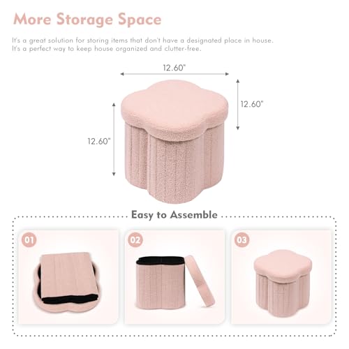 Flower Shaped Storage Ottoman Cube - Faux Teddy Fur Footstool (Pink, 12.6")
