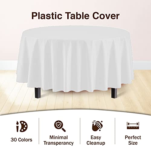 Premium White Round Plastic Tablecloth 84 Inch - 12 Pack Table Covers