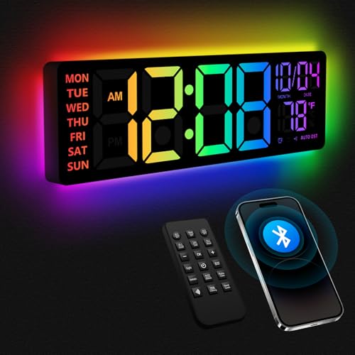 16-Inch RGB LED Digital Wall Clock with Bluetooth Sync, Remote & Dual Alarms