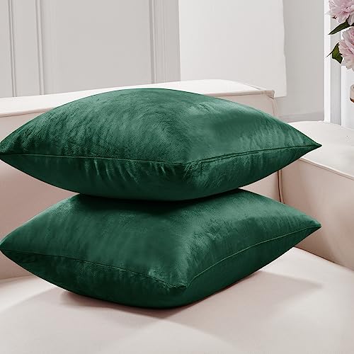 Deconovo Velvet Throw Pillow Covers for Sofa 26x26 in, Soft Square Cushion Cases for Couch Bed Living Room Decor, Set of 2, Emerald Green