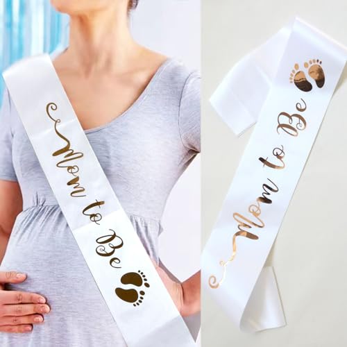 Mom To Be Sash - White Satin with Gold Print for Baby Shower