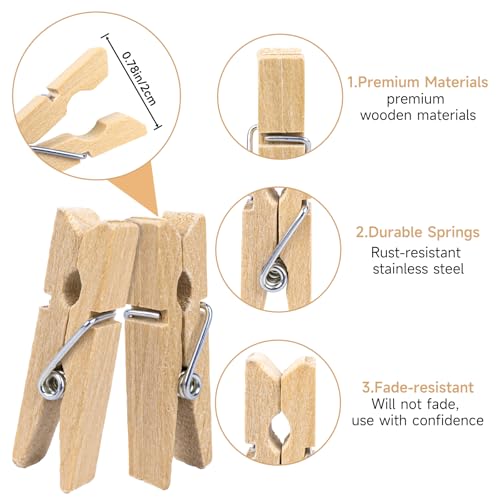 100 Pcs Mini Wooden Clothespins with Jute Twine for Photo Displays