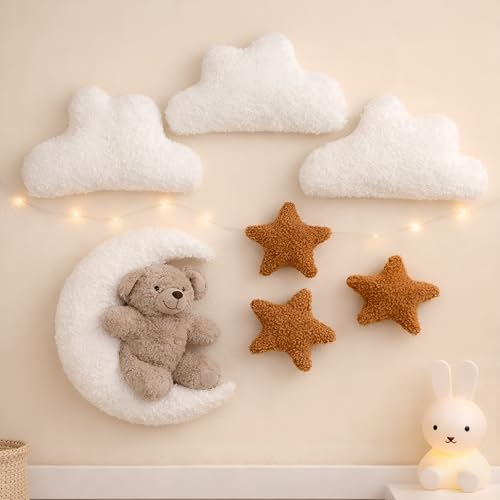 7-Piece Teddy Bear Nursery Wall Decor Set - Moon, Clouds, and Stars