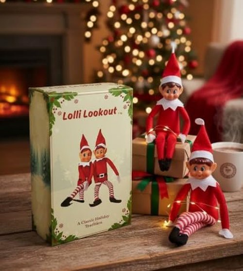 Lolli Lookout™ Christmas Elf Pair - Classic Plush Figurines | 14 Inch Red Holiday Shelf Sitters for Mantel Decor