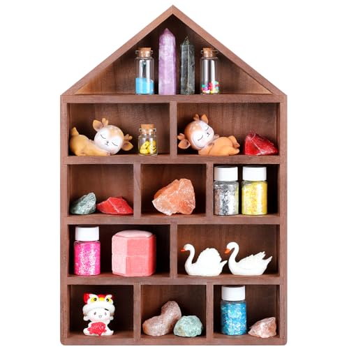 House Shaped Wooden Shadow Box, 11-Compartment Wall Mounted Display Shelf