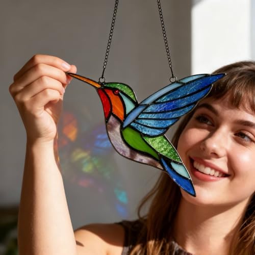 Handmade Stained Glass Hummingbird Window Panel Sun Catcher
