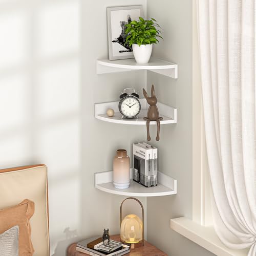 3-Pack Floating Corner Wall Shelves with Cable Management - White Wood