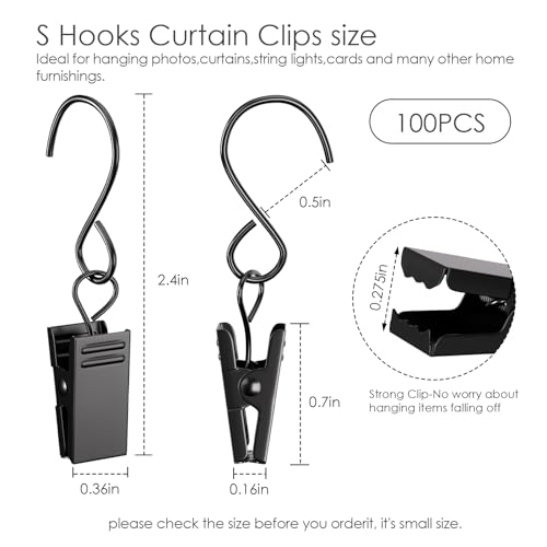 100 Pack Stainless Steel S Hooks with Curtain Clips, 2.4 Inch Black Hangers