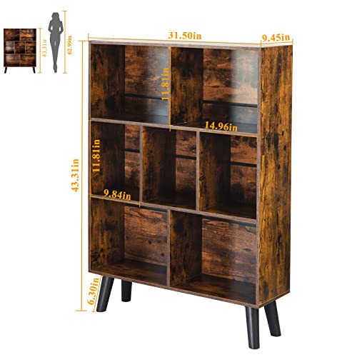 3-Tier Mid-Century Modern Cube Bookshelf with Legs, Brown Storage Shelf