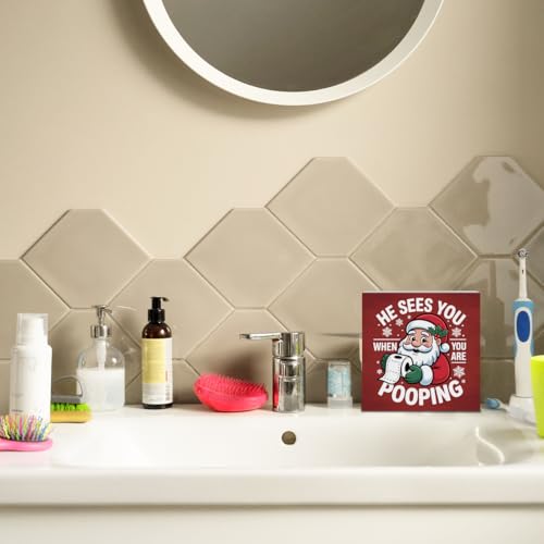 iRudyard Red Christmas Bathroom Decor Sign - Would Poop Here Again, 5x5 inch