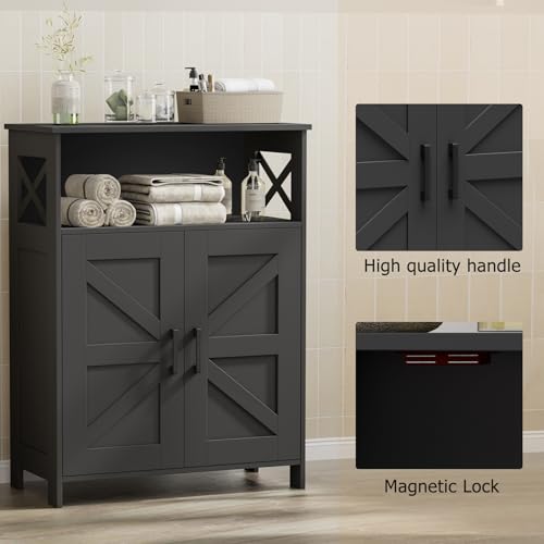 Farmhouse Bathroom Storage Cabinet with Barn Doors, Small Floor Cabinet, Black