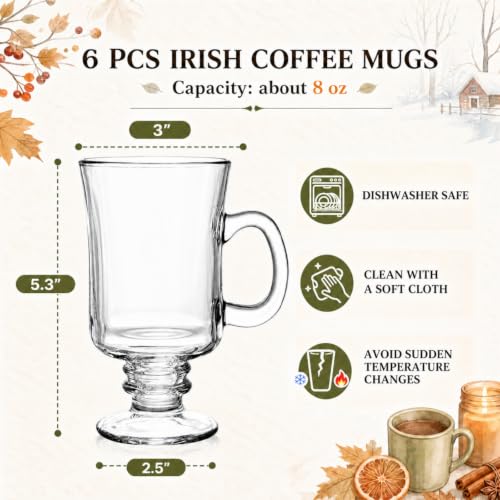 Dicunoy 6-Pack 8oz Clear Glass Irish Coffee Mugs with Handles - Stemmed Pedestal Cups for Cappuccino, Latte, Smoothies, Gift