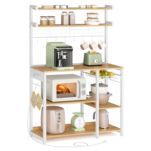 Kitchen Baker's Rack with Power Outlet, 35-Inch Microwave Stand & Coffee Bar