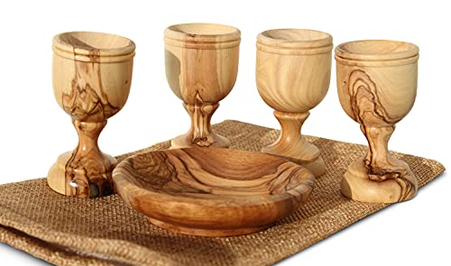 Hand-Carved Olive Wood Communion Set - 4 Goblets and Bread Plate Tray