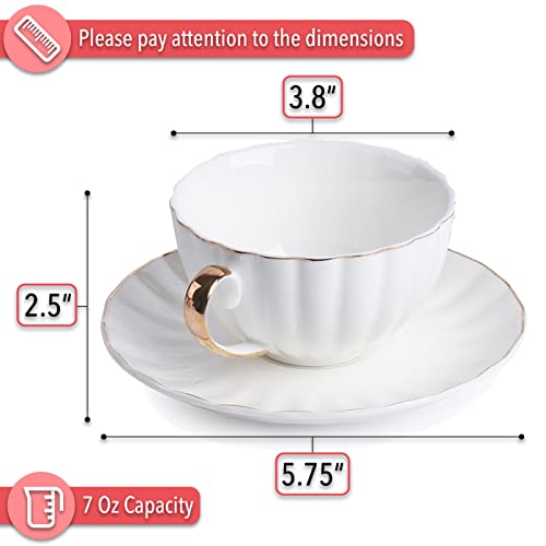 White Cappuccino Cups with Saucers Set of 6 - 7 oz Tea & Coffee Cups, Golden Trim - Brew To A Tea