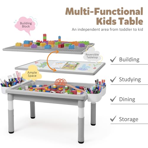 Kids Table and Chairs Set with Storage & Adjustable Height - Grey, 4 Chairs + 1 Table