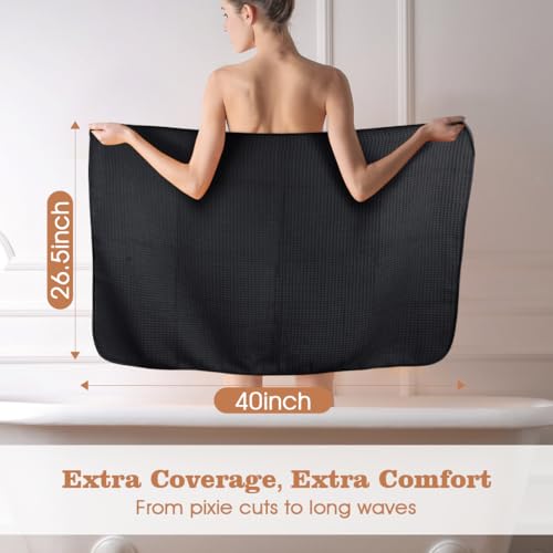 Black Microfiber Hair Towel Wrap 40" x 26.5" - Fast Drying, Curly & Thick Hair, Elastic Strap