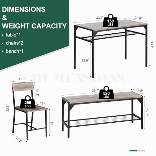 4-Piece Dining Table Set with Bench and Chairs, Oak Gray Small Space Table