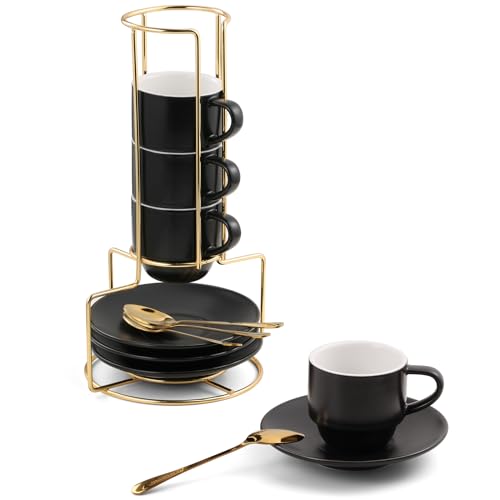 Lareina 3 oz Black Espresso Cups Set of 4 with Saucer, Spoons & Metal Rack