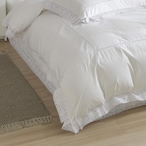 100% Cotton White Duvet Cover with Lace Trim - 90x90 Inches