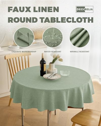 Faux Linen Round Tablecloth 60 Inch - Waterproof Sage Green Cover