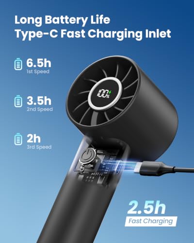 Gaiatop Portable Handheld Mini Fan with LED Display & Flashlight, 3-Speed Rechargeable Personal Cooling Fan for Travel, Black