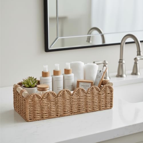 Scalloped Woven Paper Rope Storage Basket with Handles