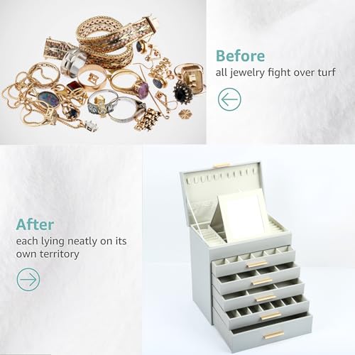 BOOVO 6-Layer Jewelry Box for Women - Grey & Gold, Large Organizer with 6 Layers for Necklaces, Bracelets, Earrings & Rings
