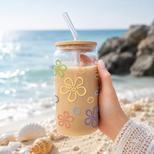 Mikopei 16oz Glass Cups with Lids & Reusable Straws, Beach Gift for Women & Men