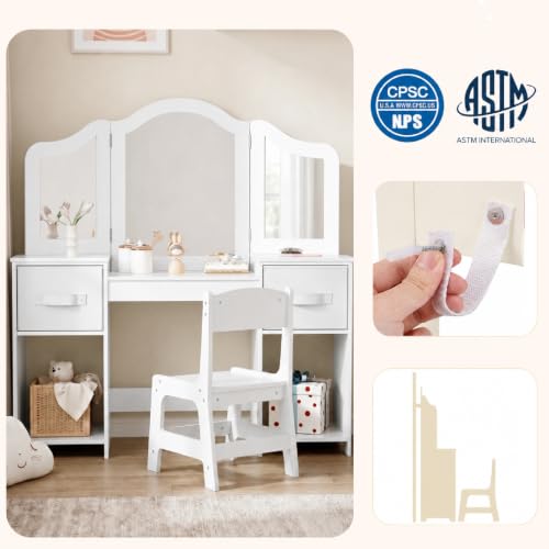 White Kids Vanity 2-in-1 Girls Makeup Dressing Table & Chair Set with Drawers