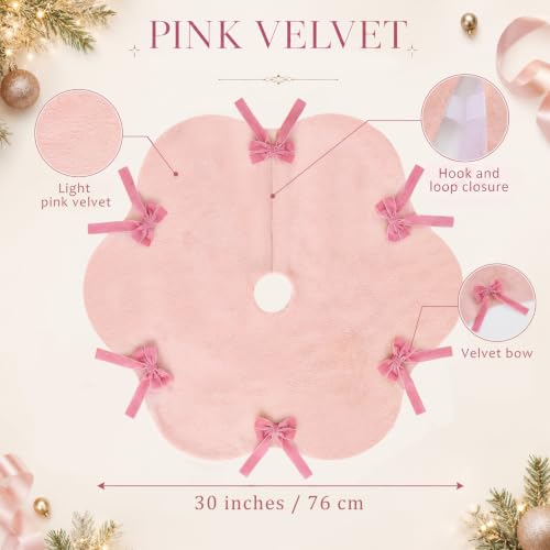 Syhood 30 Inch Pink Velvet Christmas Tree Skirt with Scalloped Edge & Bow (Pink, 30 Inch)
