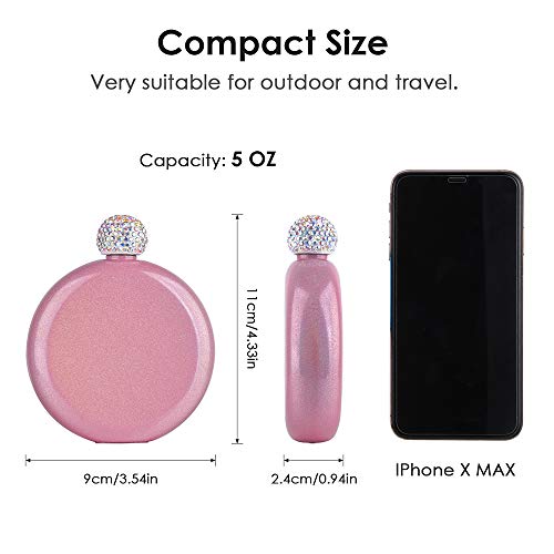Pink Glitter Liquor Flask for Women 5oz Stainless Steel Rhinestone Cap Junya