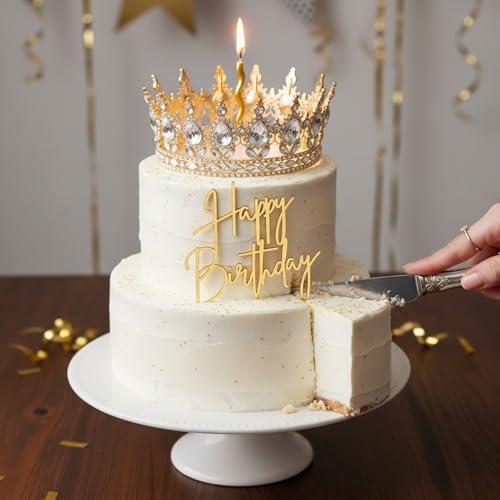 3-Piece Gold Rhinestone Crown Cake Topper Set with Candles