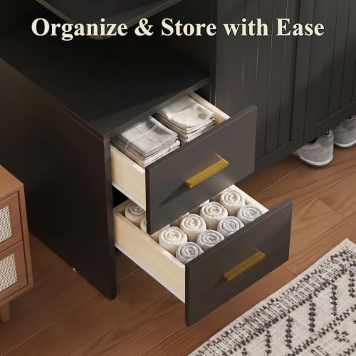 Modern Freestanding Wardrobe Closet with 2 Doors, 2 Drawers & Open Shelves